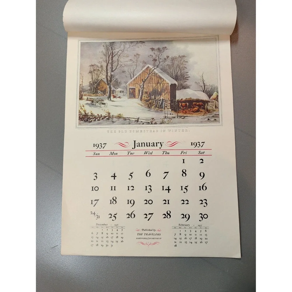 Vintage 1937‎ Travelers Insurance Calendar Currier and Ives Lithographs 16x22